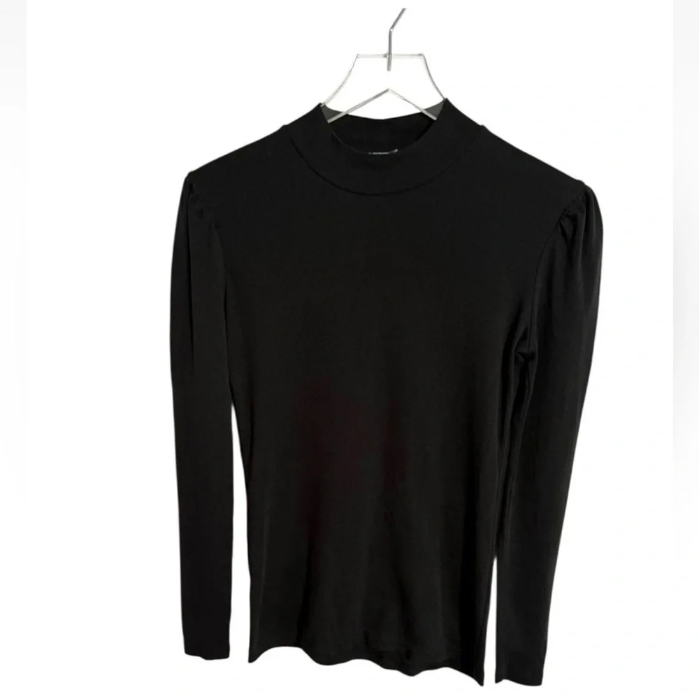 J Crew Factory Black Cotton Ribbed Mockneck Puff Sleeve Top Size XS
